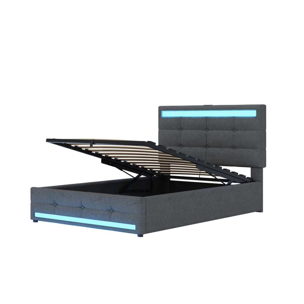 Letto Singolo Contenitore Imbottito con LED e USB ¨C MINIMAL ¨C 90x200, Grigio