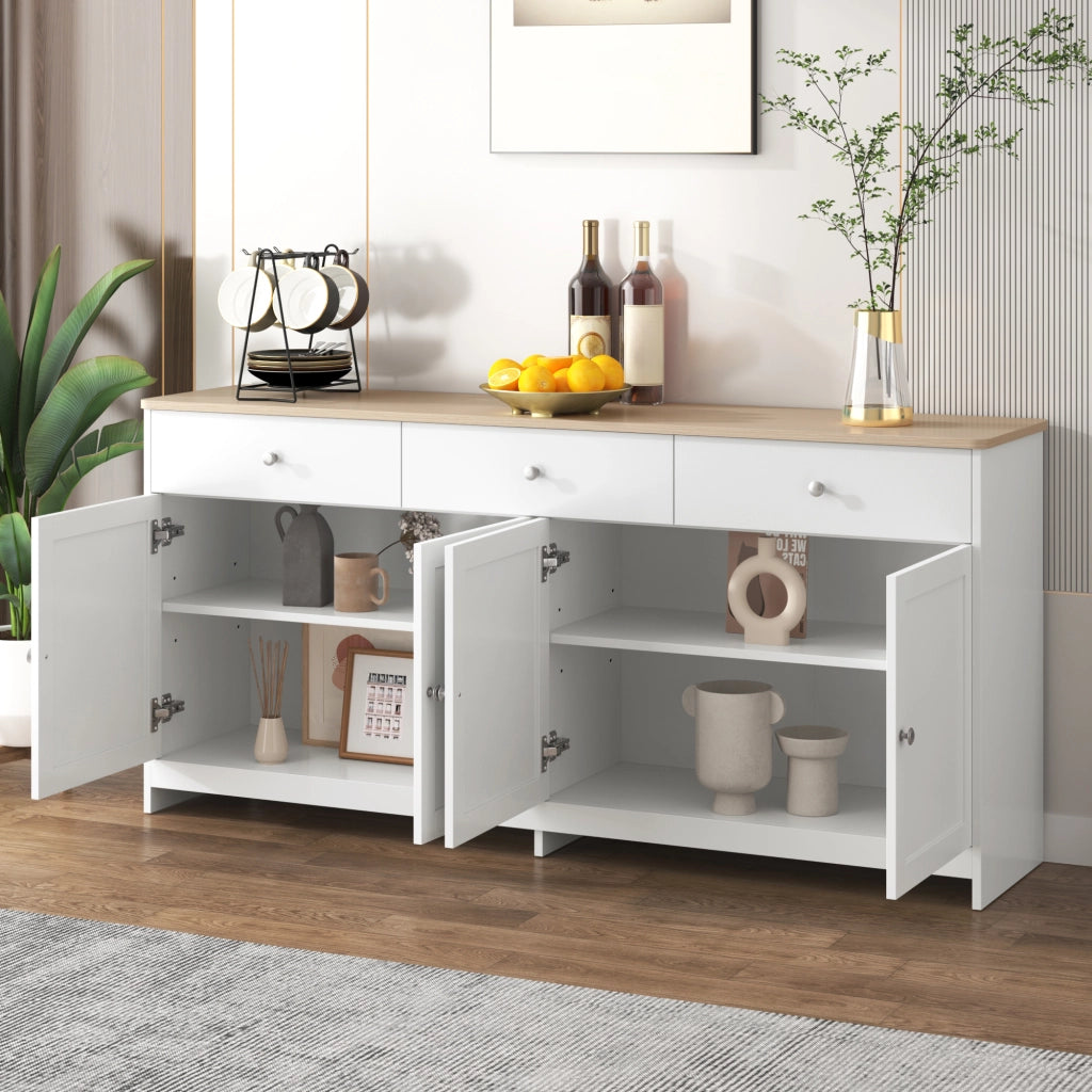 SIDEBOARD 160 cm con 3 cassetti, 4 ante, bianco e legno