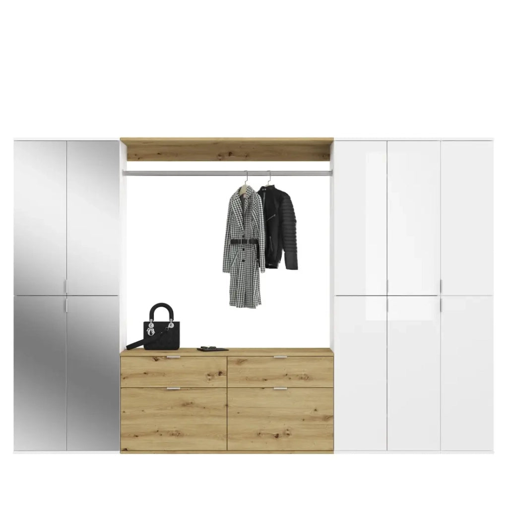 Armadio con 10 porte, 4 specchi, 4 cassetti e un appendiabiti – Bianco e rovere – BODITE