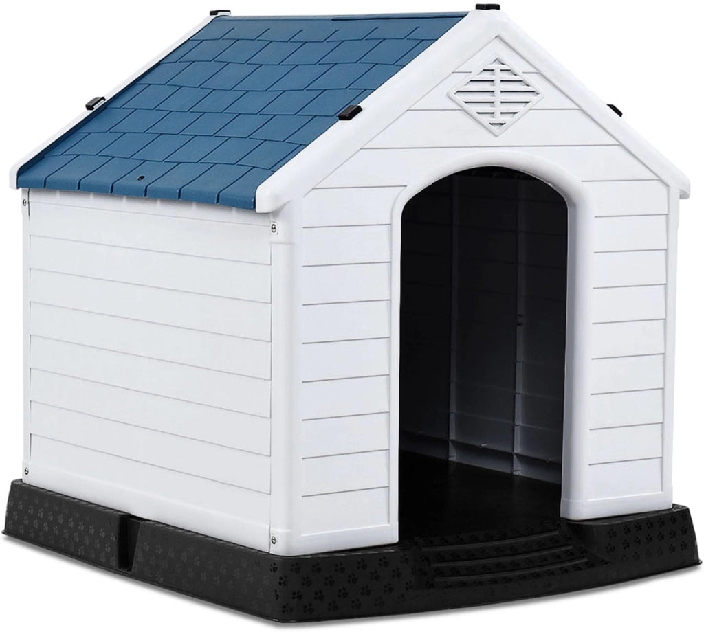 Cuccia per Cani da Esterno Impermeabile, Canile Villa per Cani in PP Resina, Bianco/Blu (69 x 64 x 71 cm)