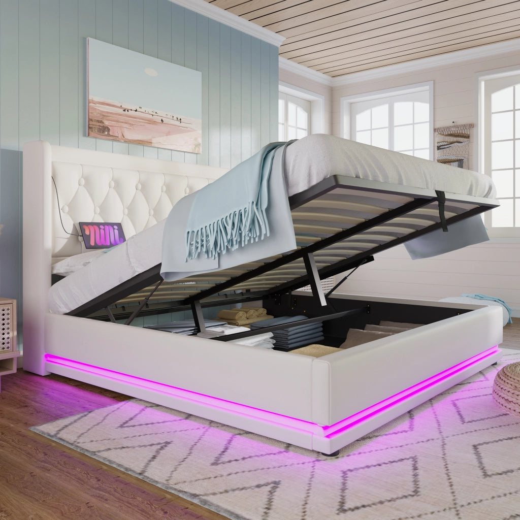 LETTO Contenitore 160x200 cm in PU Bianco con USB Type-C e LED