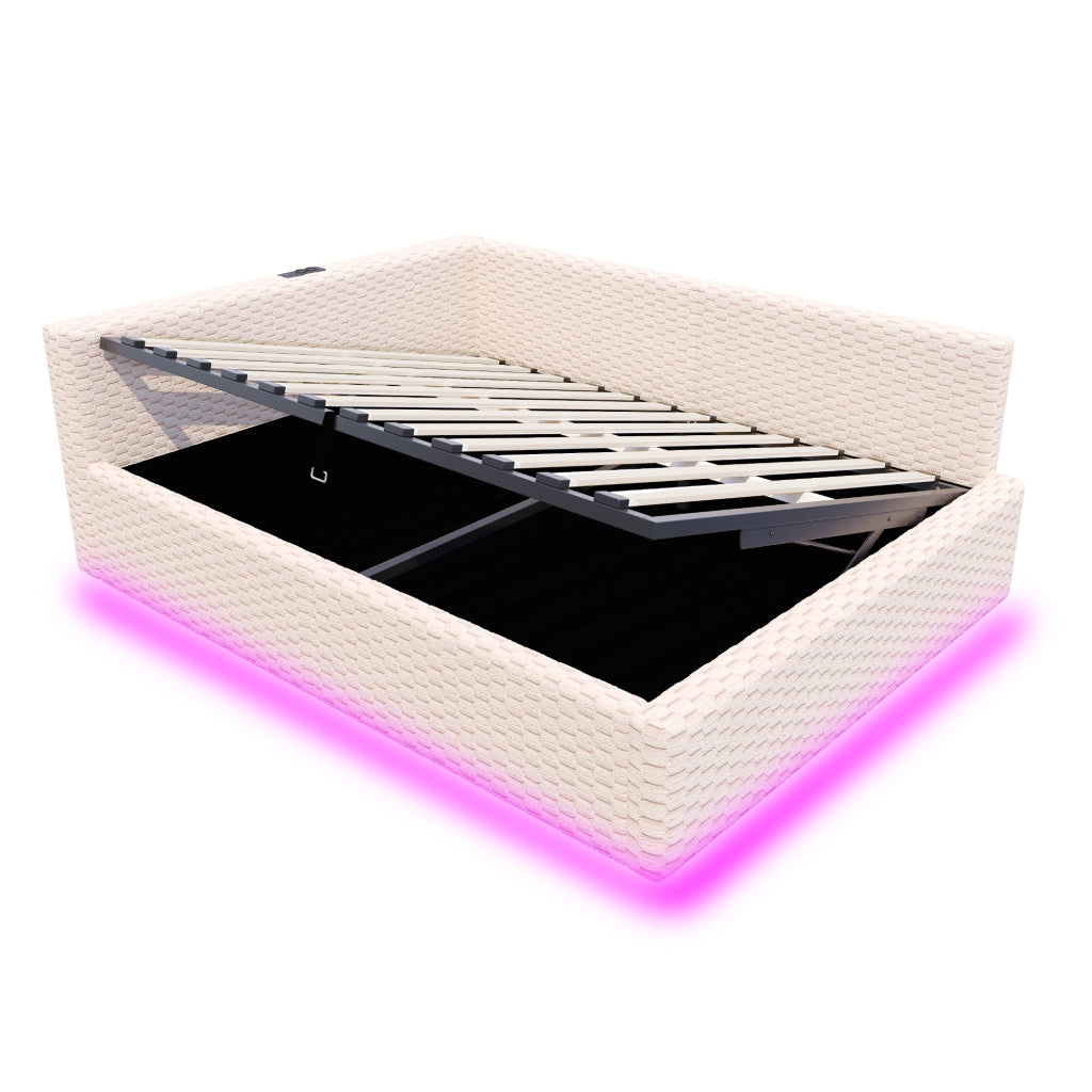 Letto Imbottito 140x200 con LED e USB ¨C MINIMAL ¨C Velluto Beige, Idraulico