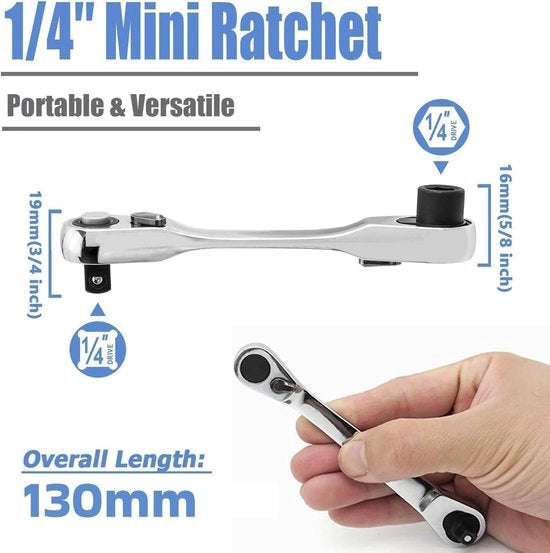 Multitool mini per 1/4 pollici con 72 denti, chiave a ingranaggi, manubrio a sei facce - chiave a vite rapida (107 mm).