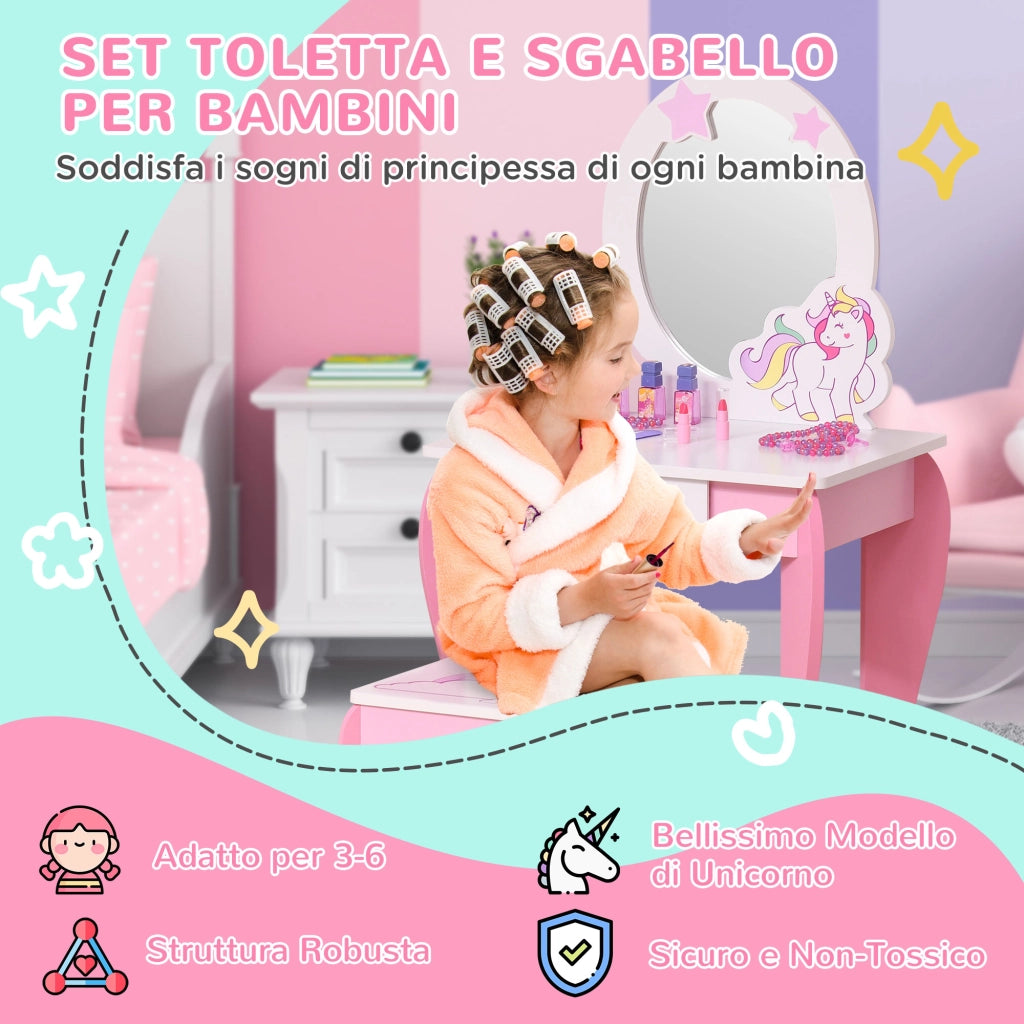 Specchiera Giocattolo con Cassetto e Sgabello Gioco Bambine 3-6 Anni