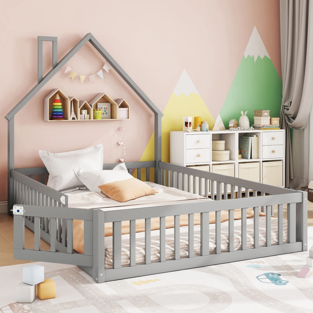 Letto per bambini 140 x 190 cm con forma camino, rete a doghe, grigio