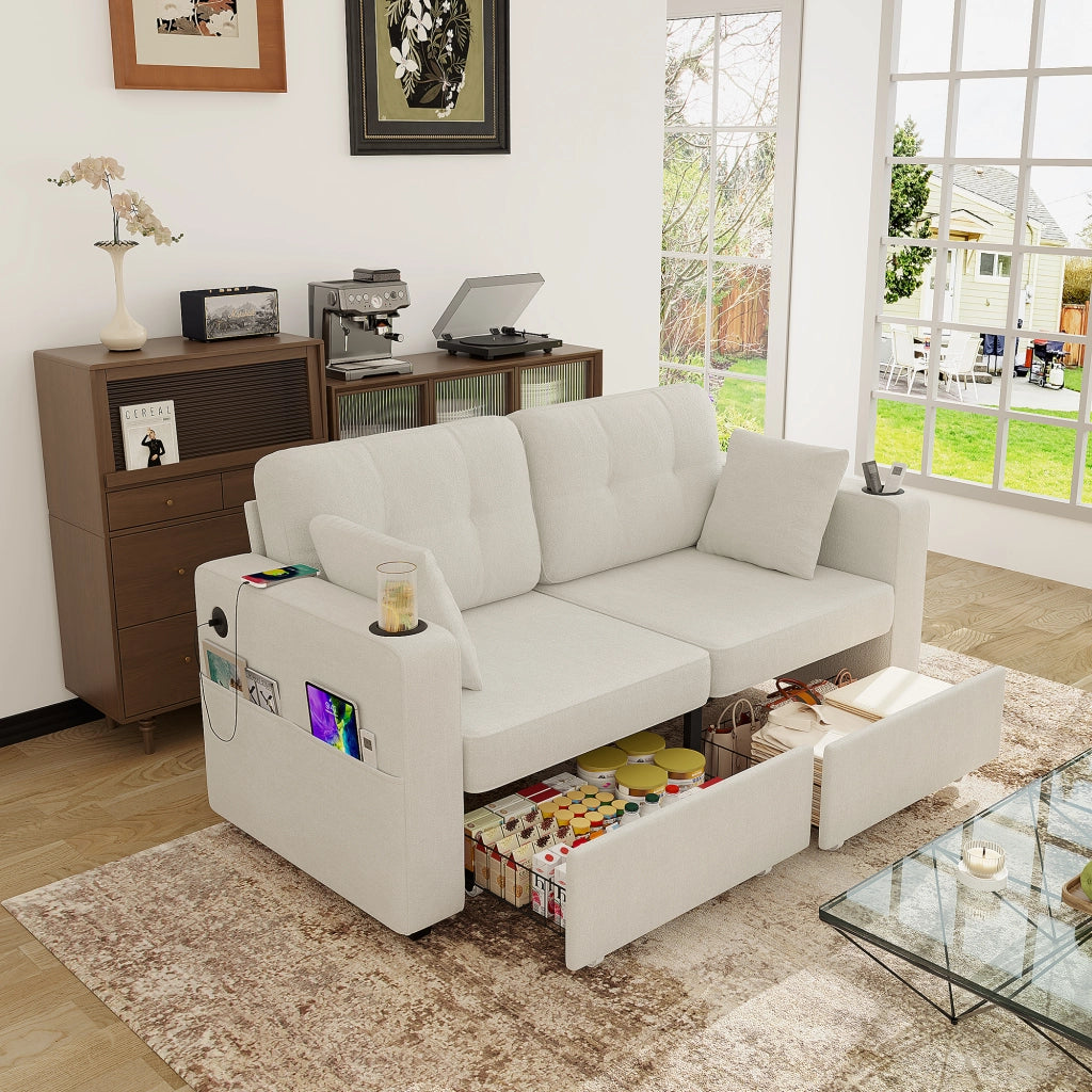 Divano due posti con cassetti e USB - Zephmum - 2 posti, cassetti, USB, porta bevande