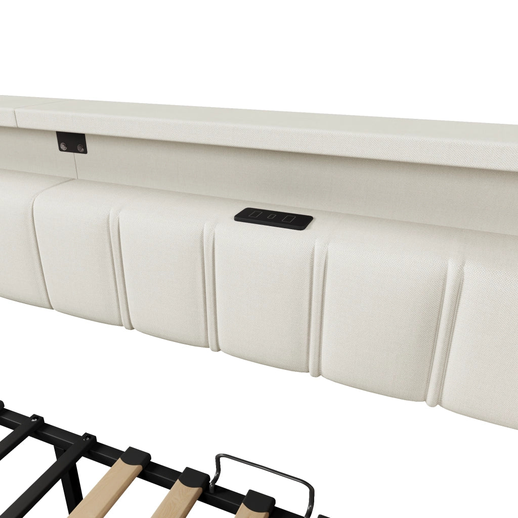LETTO Estraibile 90x200 cm Beige in lino e MDF con USB e Type-C