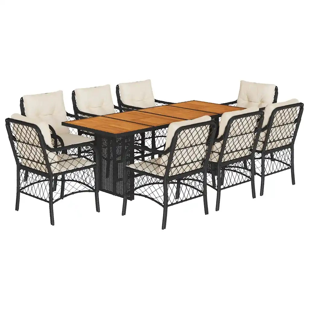 Set da Pranzo da Giardino 9 pz con Cuscini Nero in Polyrattan 3212071
