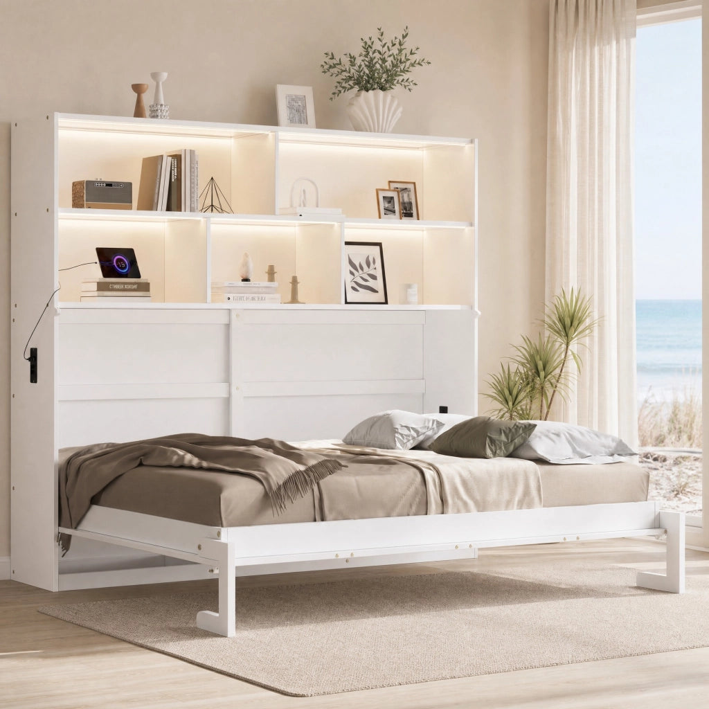 LETTO Contenitore 90x200 cm Bianco in MDF con LED e rete a doghe