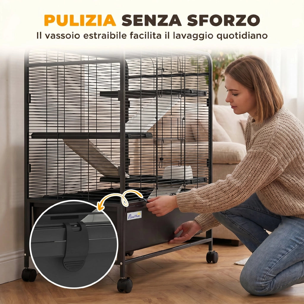 Gabbia per Conigli 4 Livelli ¨C Minimal ¨C Nero Acciaio con Ruote