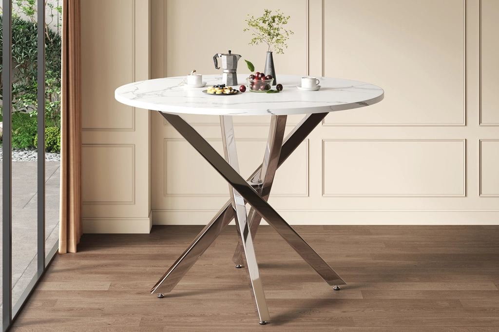 TAVOLO da pranzo rotondo 80 cm effetto marmo bianco e argento