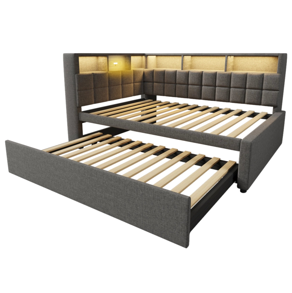 Letto imbottito con rete estraibile, LED, Bluetooth e porta USB/Type-C, grigio