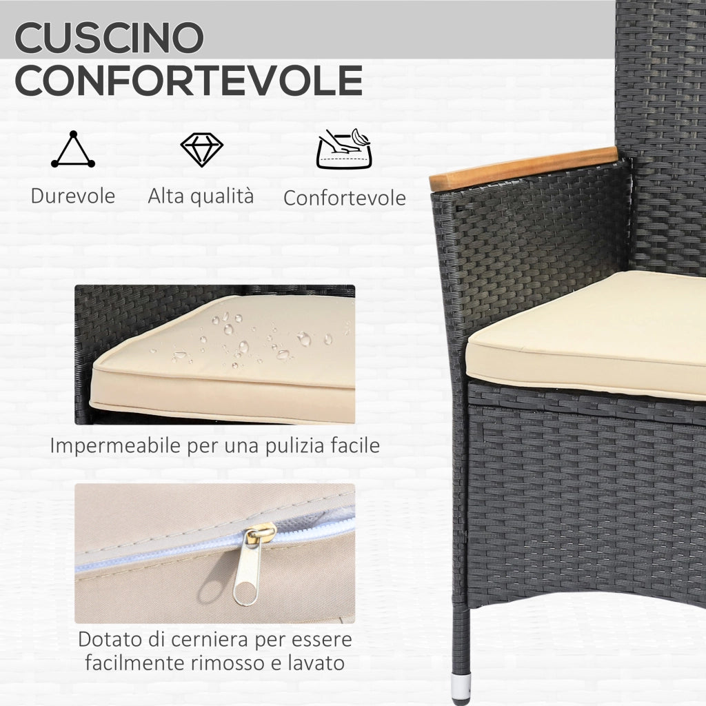 Set Tavolo e Sedie da Giardino 7 Pezzi in Polyrattan e Legno con Cuscini ¨C Minimal ¨C Nero