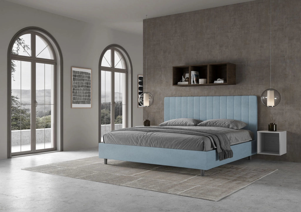 BS COM Letto matrimoniale king size contenitore imbottito 190x190 microfibra azzurro