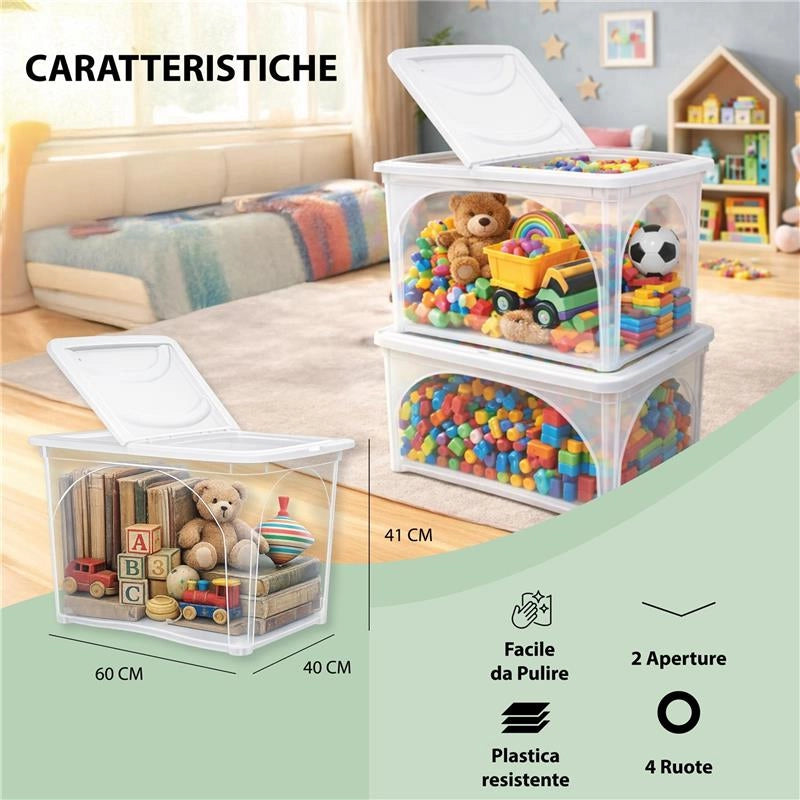 SET 3 PZ BOX CONTENITORE CON RUOTE DIMENSIONI 60X40X41 CM E COPERCHIO BIANCO