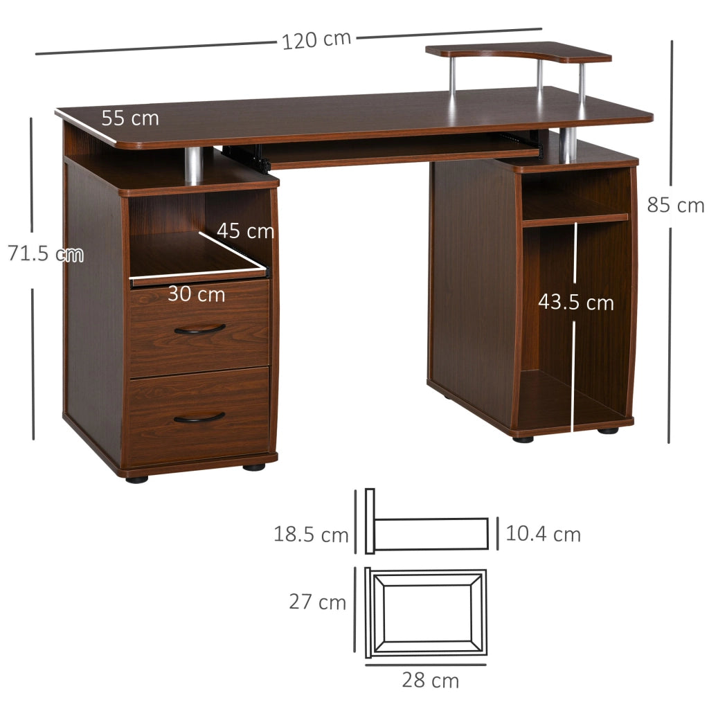 Scrivania per Computer con Cassetti e Libreria ¨C Minimal ¨C Marrone, Legno, 120x55x85cm