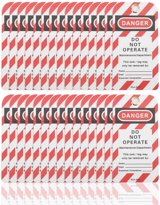 Etichette di Blocco e Sblocco 30 pezzi - Riciclabili - Avviso di Sicurezza - Etichette Riciclabili - Materiale Metallo/PVC - Dimensioni 146mm x 75mm - Etichette di Sicurezza