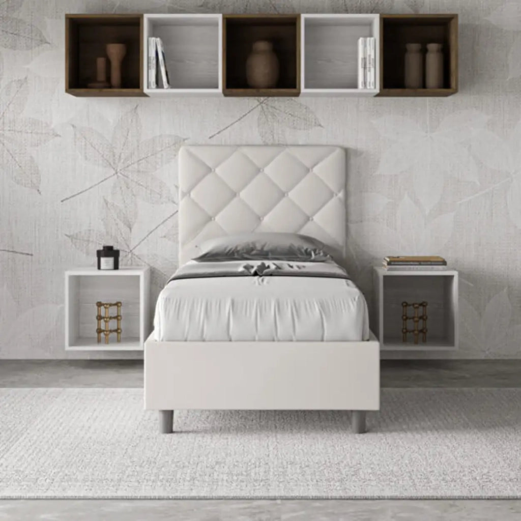 Letto singolo con rete imbottito 90x200 similpelle bianco Priya
