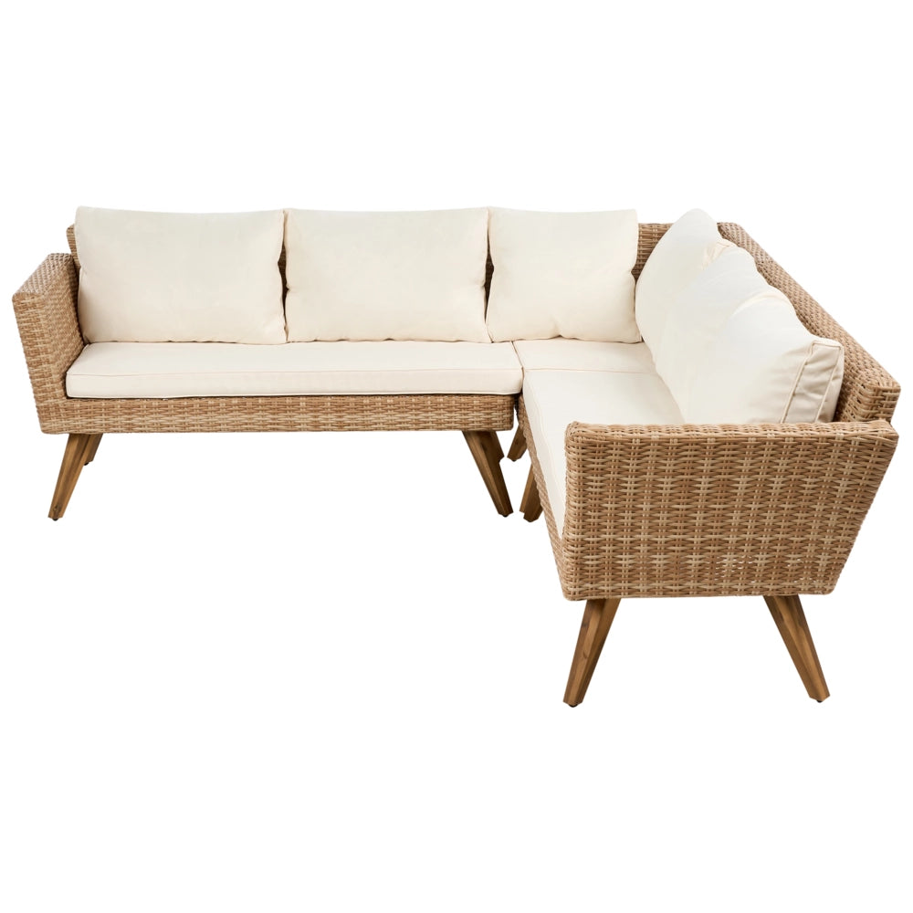 Set da Giardino in Rattan PE con Divano ad Angolo 6 Posti Tavolino e Cuscini Bianco Sporco Stile Country