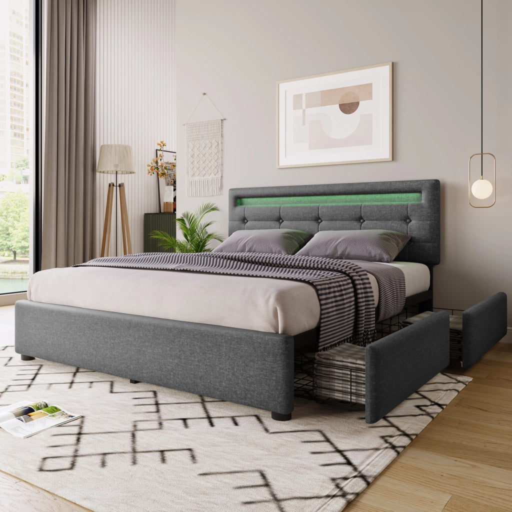 LETTO matrimoniale 140x200 cm in lino grigio con LED e 4 cassetti