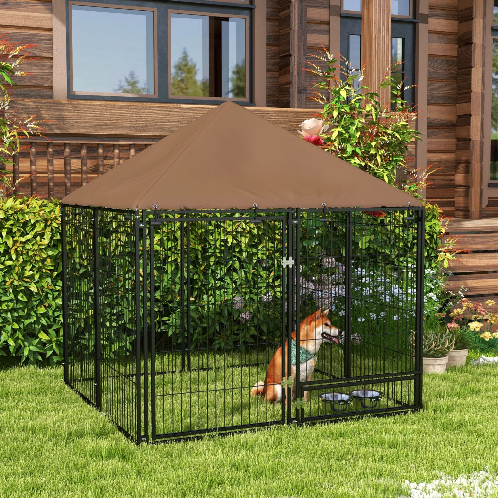 Recinto per Cani in Metallo e Tessuto ¨C Minimal ¨C Nero e Marrone 141x141x151 cm