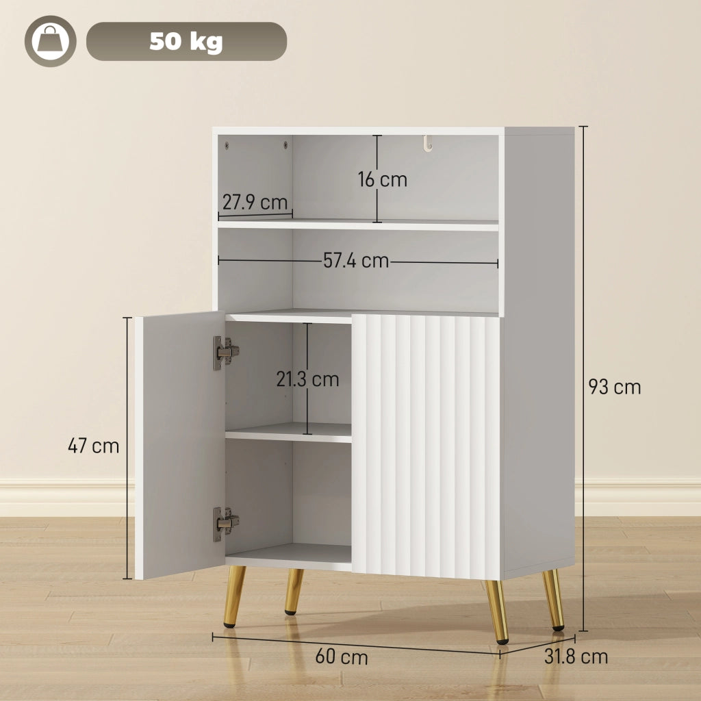 Mobiletto Bagno Moderno 60x31,8x93 cm con 2 Ripiani Aperti e Armadietto con Ante Ammortizzate in MDF Bianco