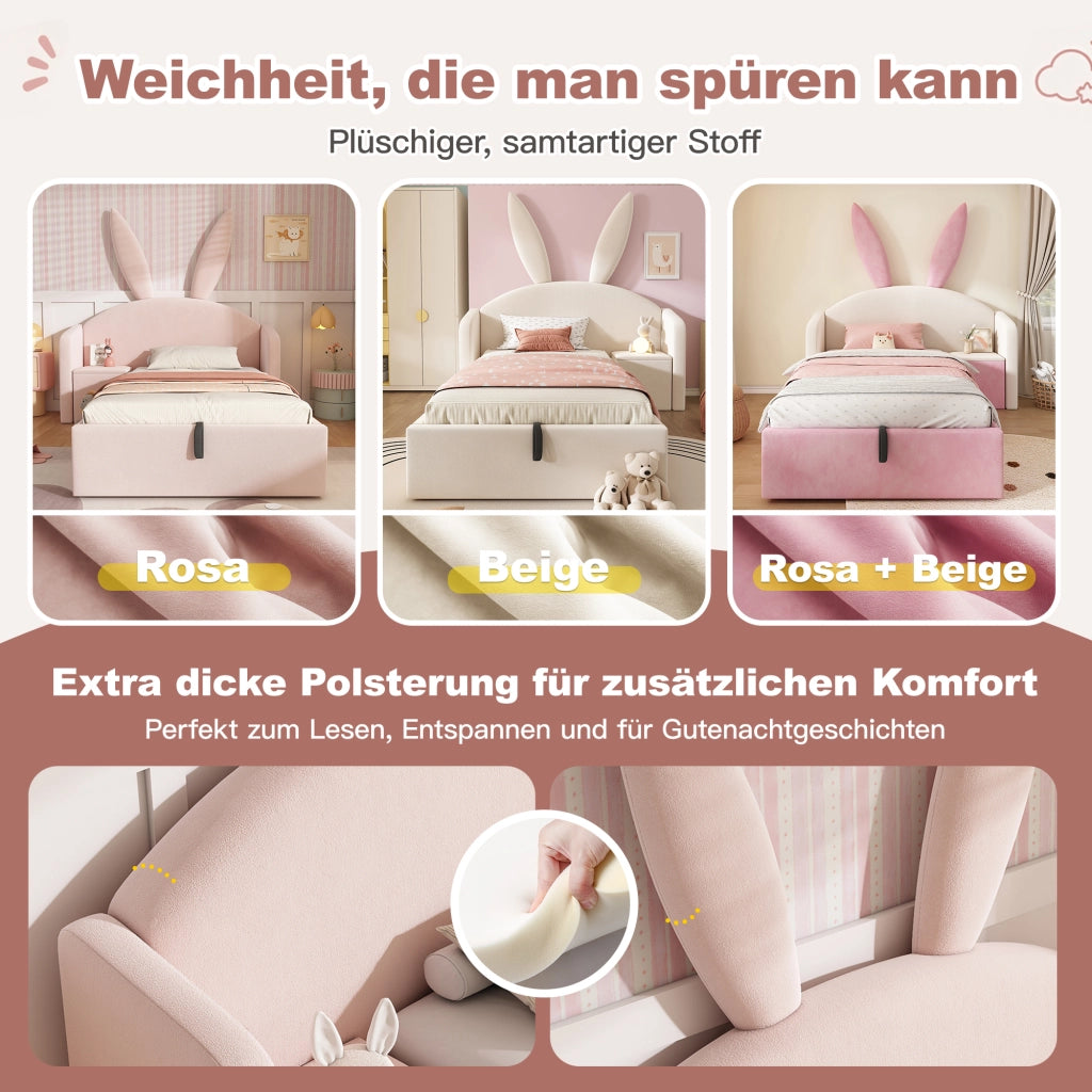 LETTO imbottito 90x200 cm Rosa in velluto con comodino laterale e contenitore