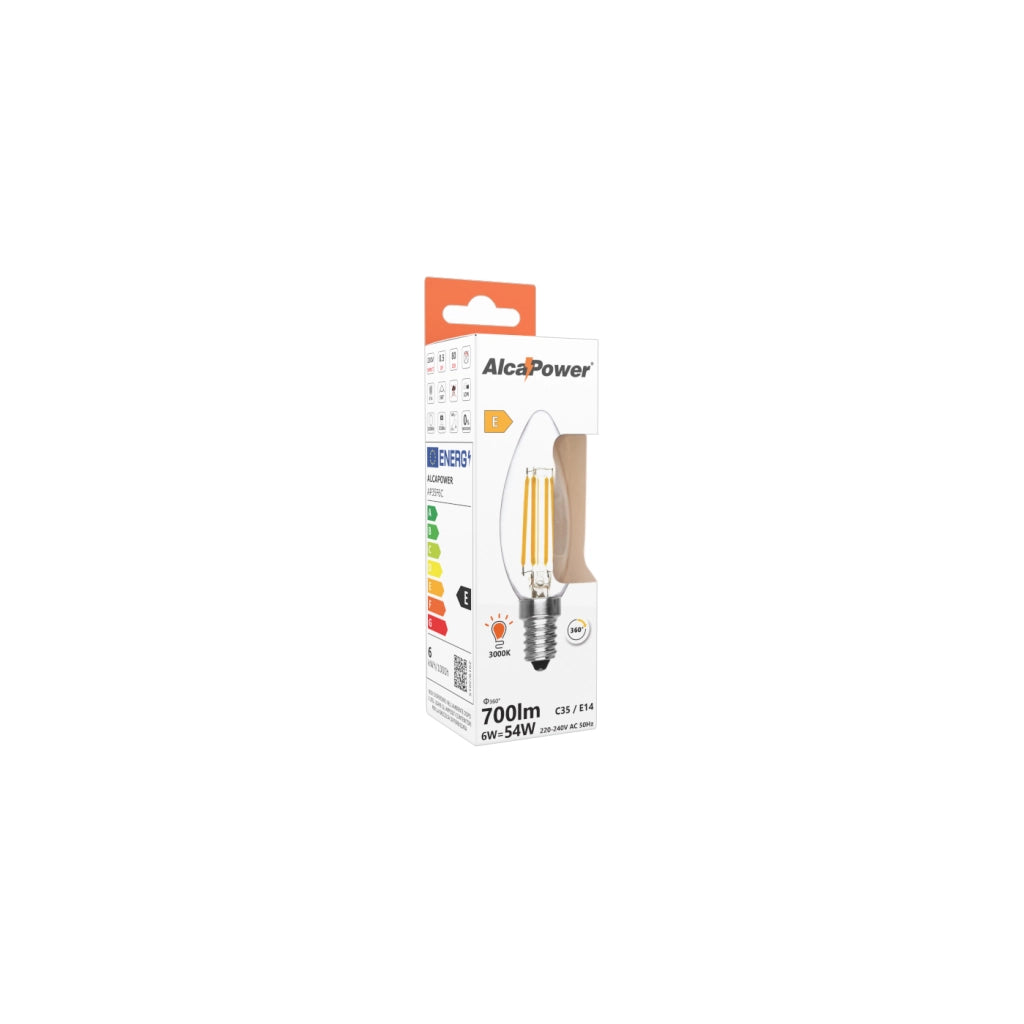 Alcapower Lampadina LED Filamento C35 Oliva Trasparente E14 6W 810lm 3000K Luce Calda - Classe Energetica D, Alta Efficienza e Lunga Durata