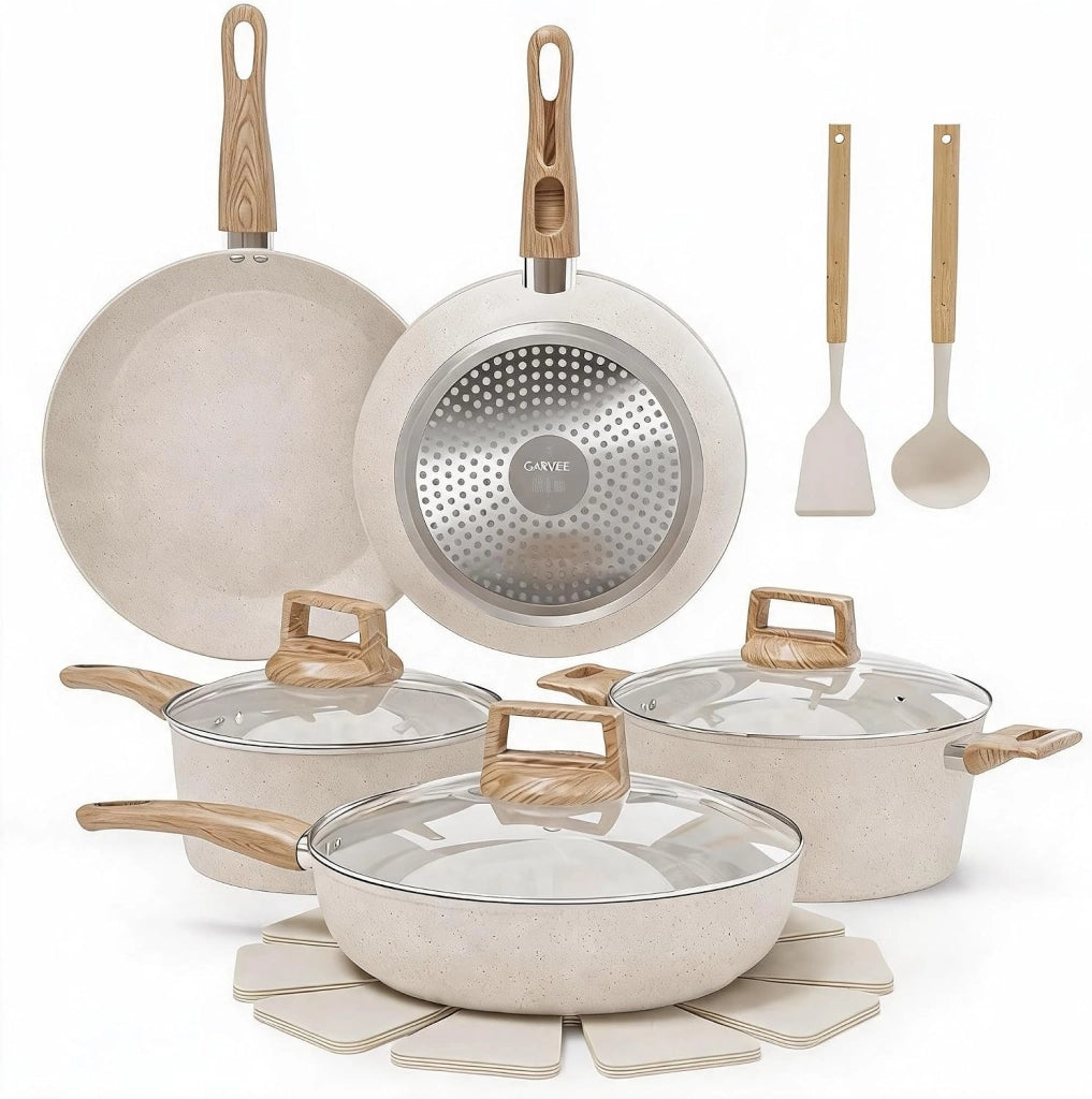 Set 14 pezzi di pentole e padelle antiaderenti in ceramica; induzione; alluminio; coperchi in vetro e utensili