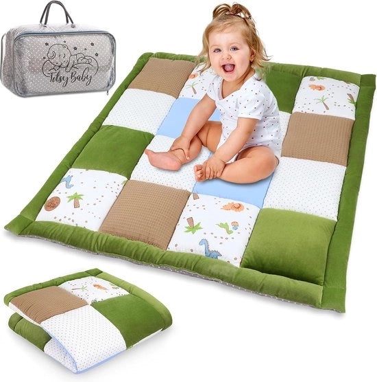 Cuscino per pavimento, contenitore, 100 x 100 cm, velluto, cuscino per pavimento spesso, patchwork, imbottito, tappeto per bambini, tappeto per pavimento con borsa, cotone con dinosauro in velluto