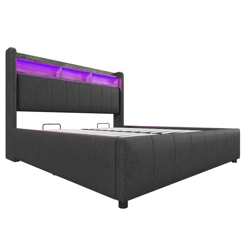 Letto Imbottito Contenitore con LED e USB ¨C MINIMAL ¨C Tessuto Grigio 160x200