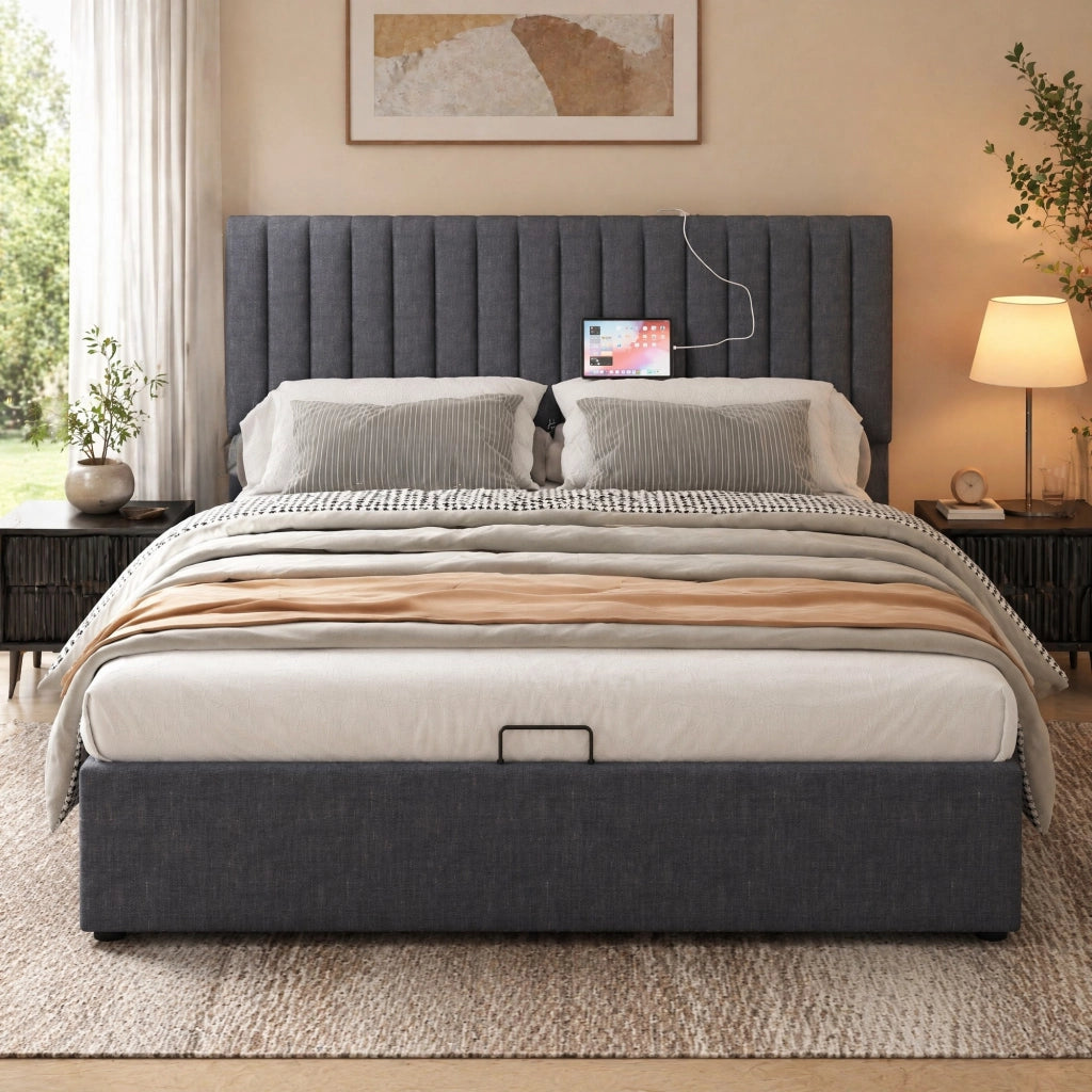 LETTO Contenitore 140x200 cm Grigio in Lino con LED, USB e Type C