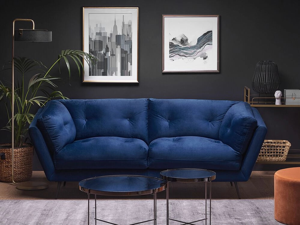 Divano Gambe in Metallo Velluto Blu 210 x 90 cm con Cuscini Retro