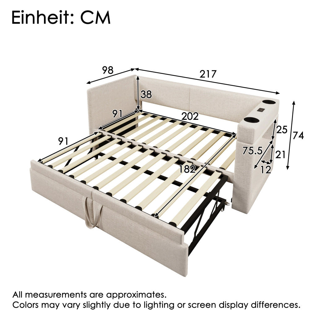 Divano letto con letto estraibile 90x200 cm; cotone e lino beige; USB e Type-C