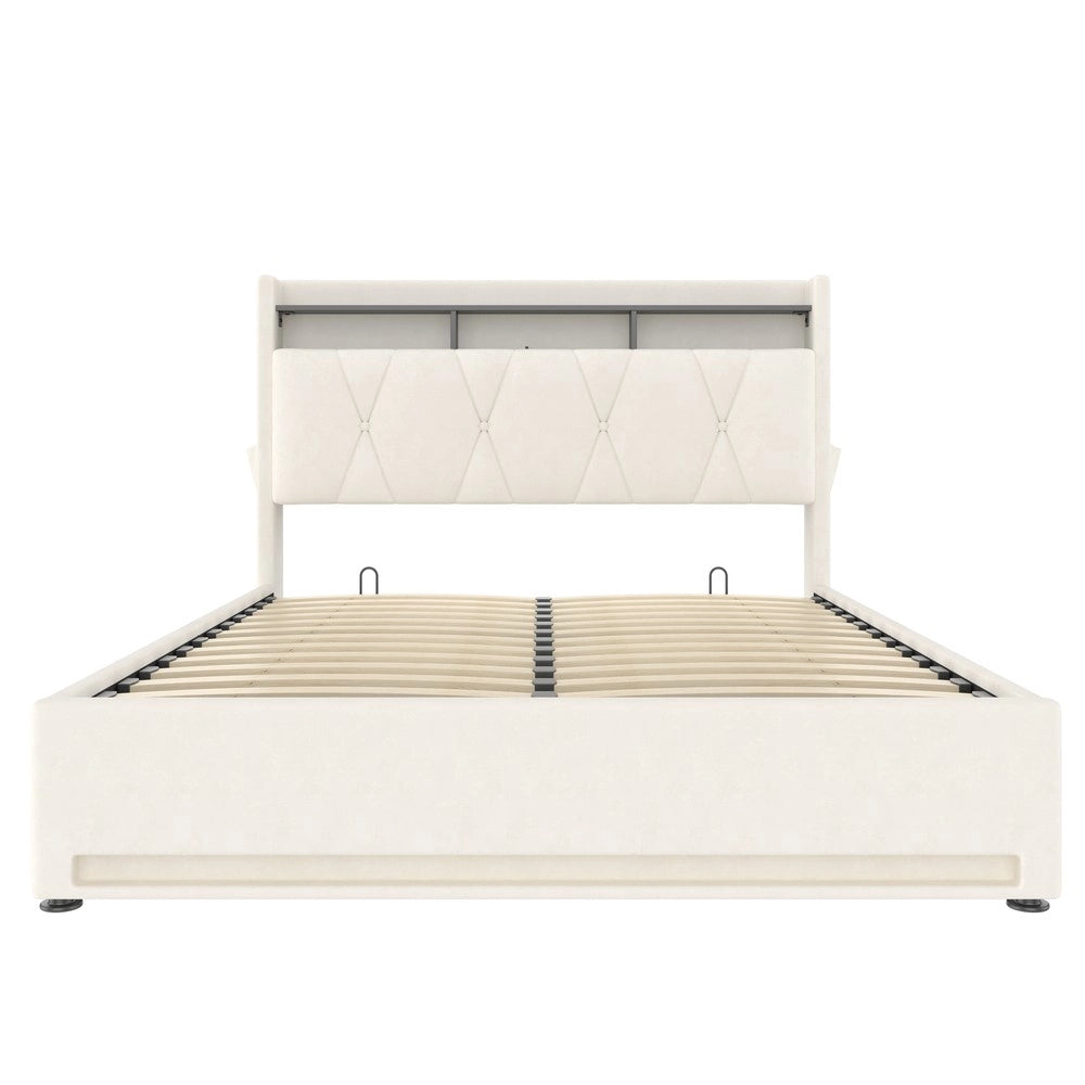 Letto Contenitore Imbottito con LED e USB ¨C MINIMAL ¨C Beige 160x200