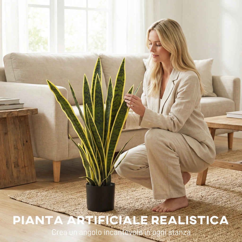 Pianta Finta Sanseveria Artificiale Realistica con Vaso ¨C Minimal ¨C Verde e Giallo ?15x80cm
