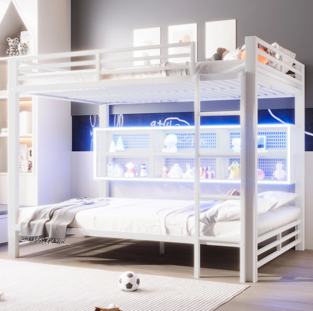 Letto a castello 140x200 cm in metallo con 6 armadietti e luce LED