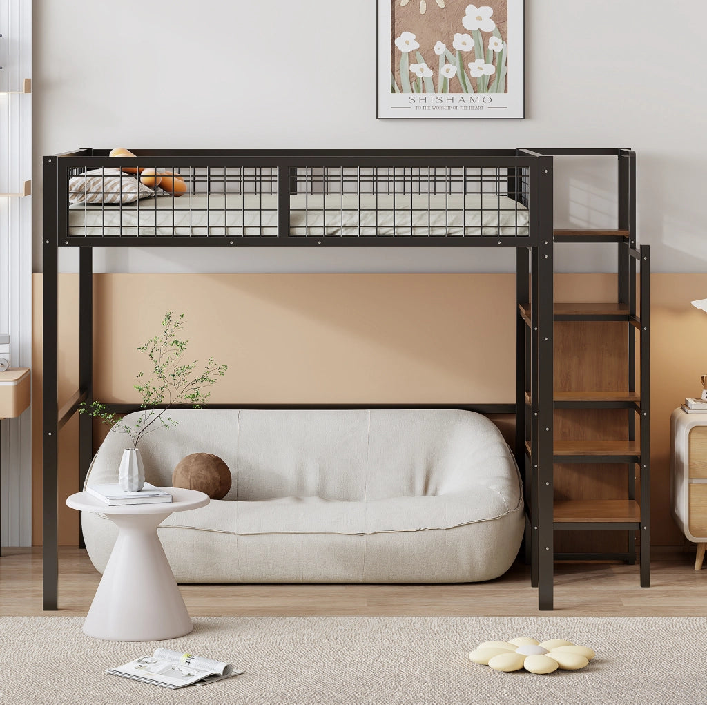 Letto a soppalco 140x200 cm con scala e armadio