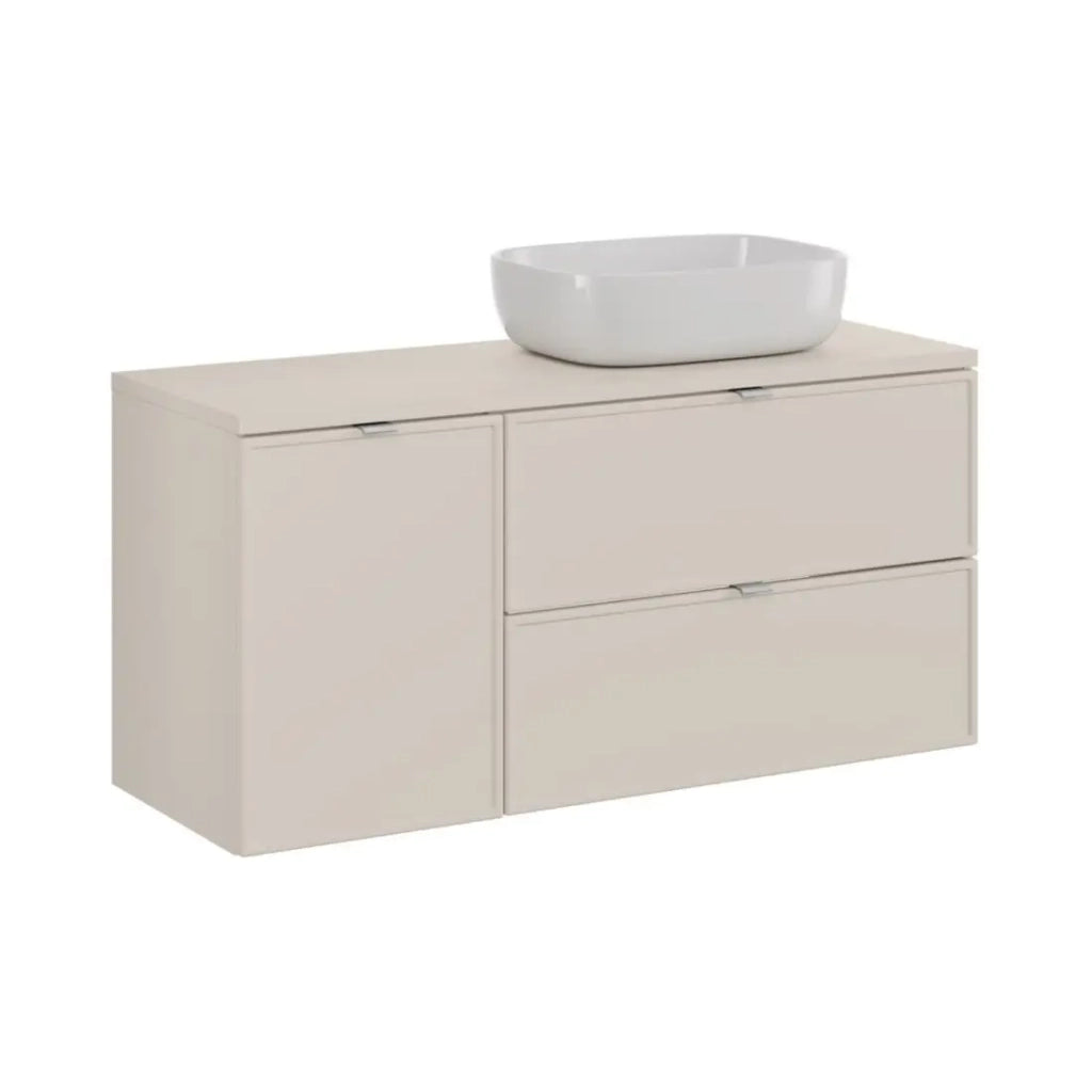 Insieme BRAZZA: mobile sottolavabo con cassetti 120cm con cesto per la biancheria + piano per lavabo + lavabo da appoggio cachemire