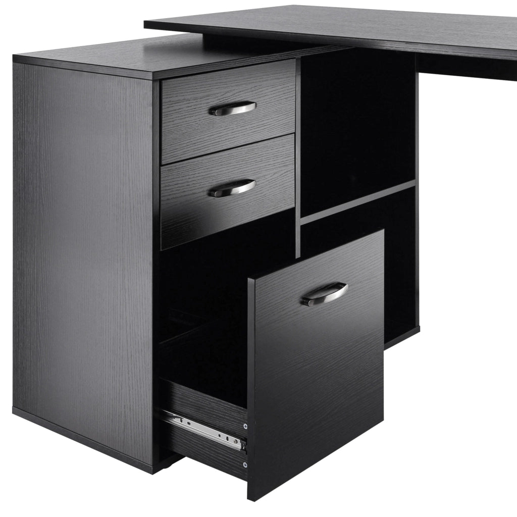 Scrivania Angolare per PC con Cassetti e Ripiani ¨C Minimal ¨C Legno e Metallo, 117x83.5x76 cm, Nero