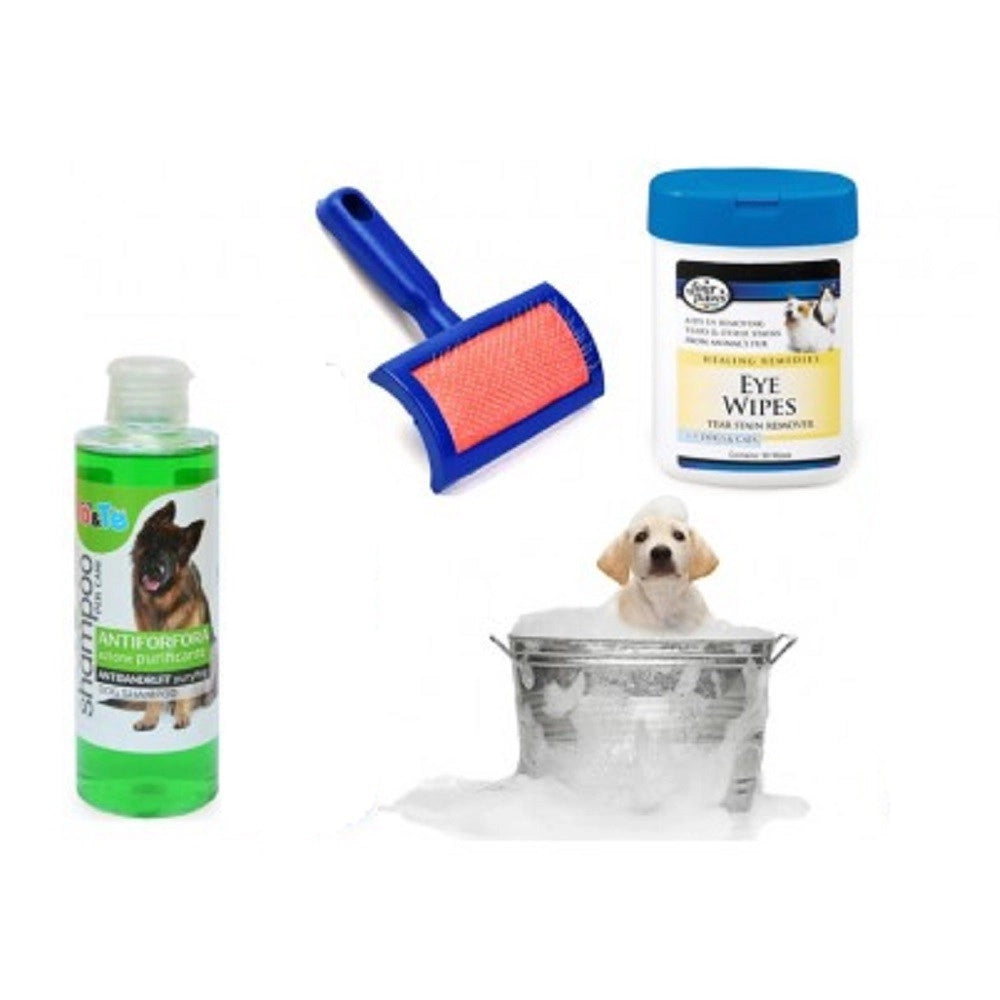 Trade Shop - Kit Pulizia Cani Shampoo Azione Purificante Salviettine Spazzola Cardatore Antiforfora -