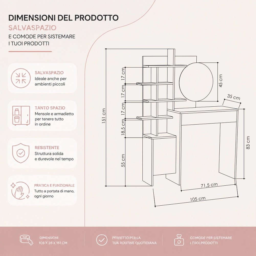 Postazione Make Up con Specchio Rotondo Bianco e Mensole Quercia 105x35x151 cm