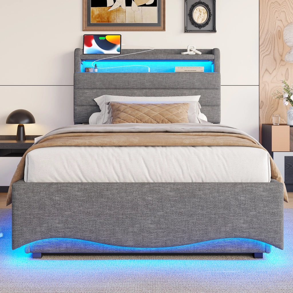 LETTO Contenitore 90x200 cm in Lino Grigio con LED, USB e Type-C