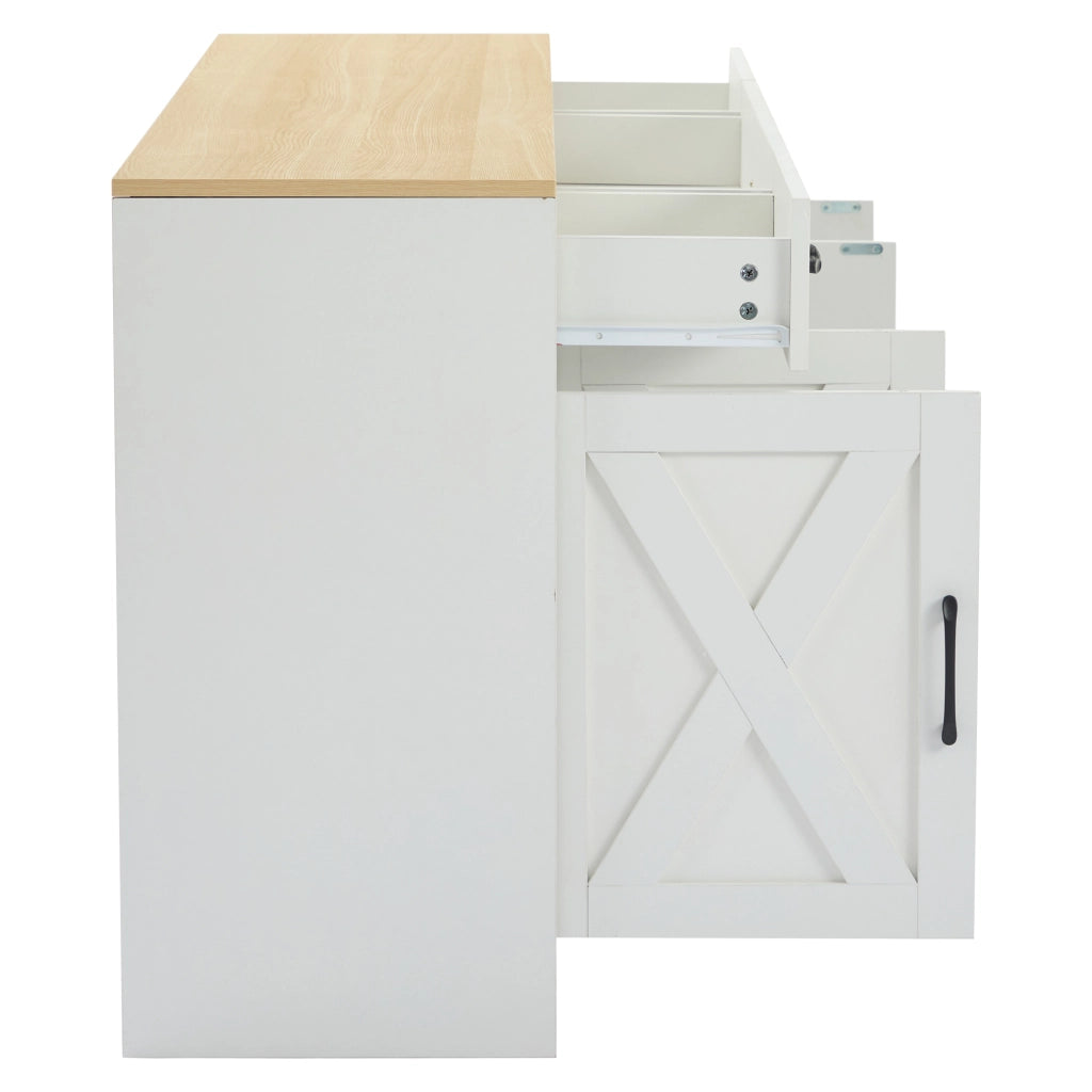 Credenza moderna bianca in MDF con 3 cassetti e 4 ante, 160 x 37 x 75 cm