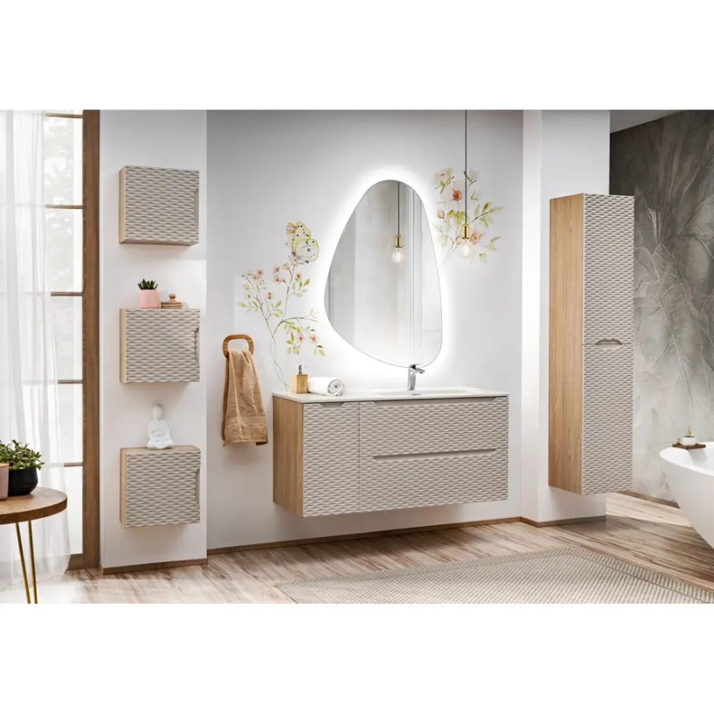 Mobile sottolavabo YOKA - Beige e rovere chiaro 90 cm