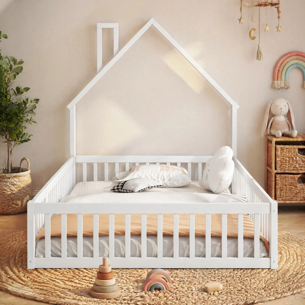 LETTO per bambini 140x200 cm con sponde di sicurezza, pino e MDF bianco