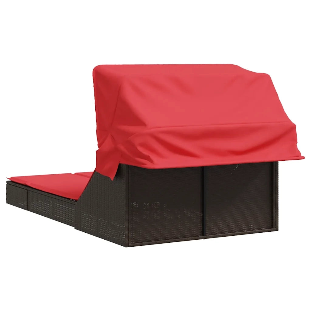 Lettino prendisole doppio con tettuccio e cuscini in Polyrattan Marrone 368643