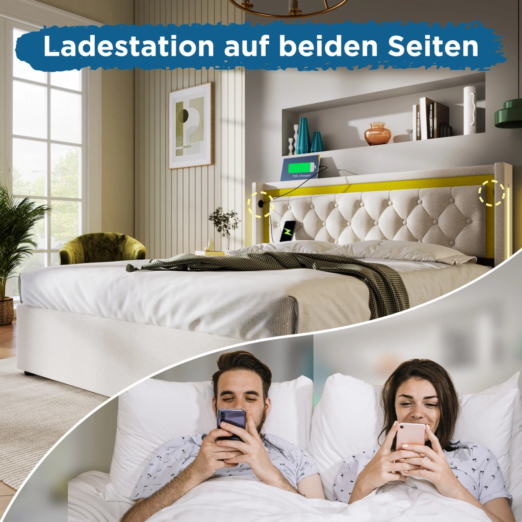 LETTO LED 140x200 cm Beige in cotone con USB e Type-C, contenitore e rete a doghe