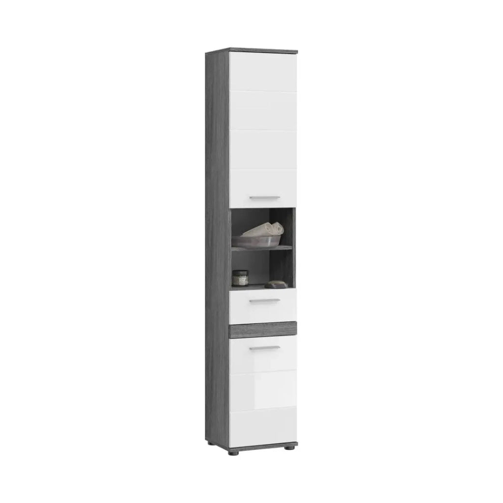 Colonna da bagno WILLIAM 2 porte e 1 cassetto - Bianco e grigio scuro