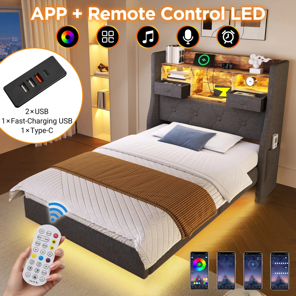 LETTO imbottito 140x190 cm con LED e USB in lino grigio con testiera contenitore